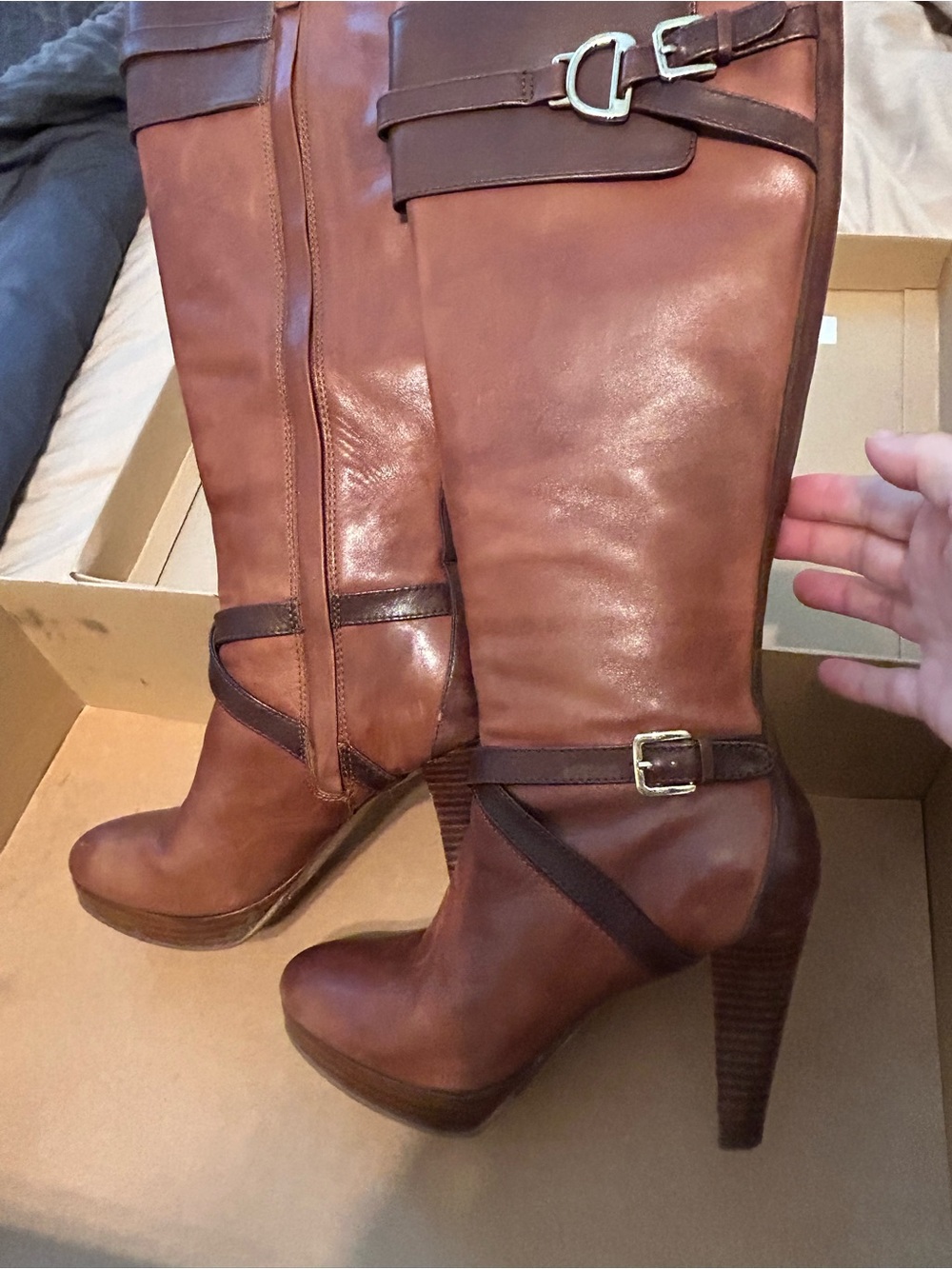 Cole Haan Brown Leather High-Heel Riding Boots with Buckle Detail